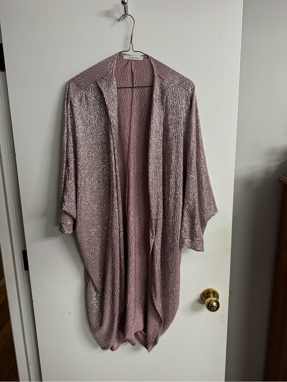 Light Pink/Rose Gold Metallic Open-Front Kimono Shawl S/M